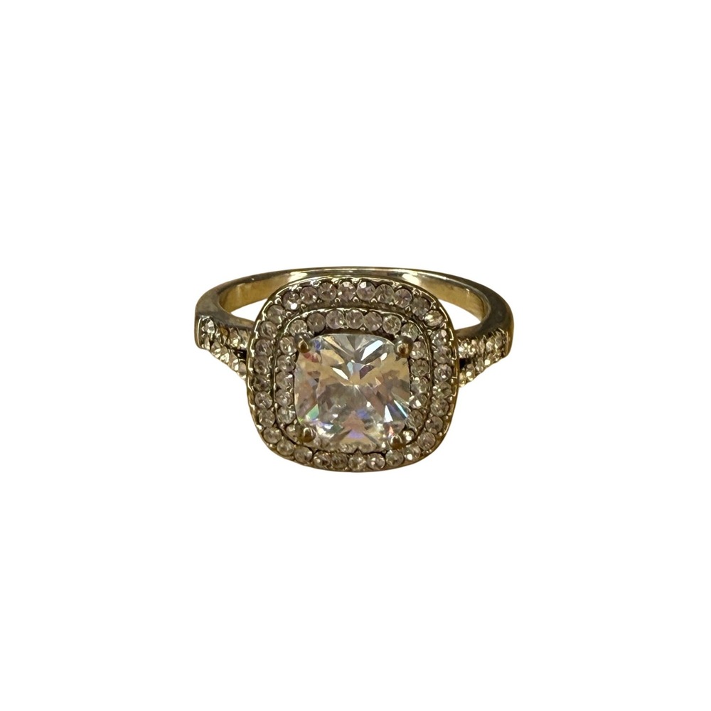 Glam Statement Cushion Cut Double Halo Crystal Ring Silver Tone Fashion‎ Jewelry